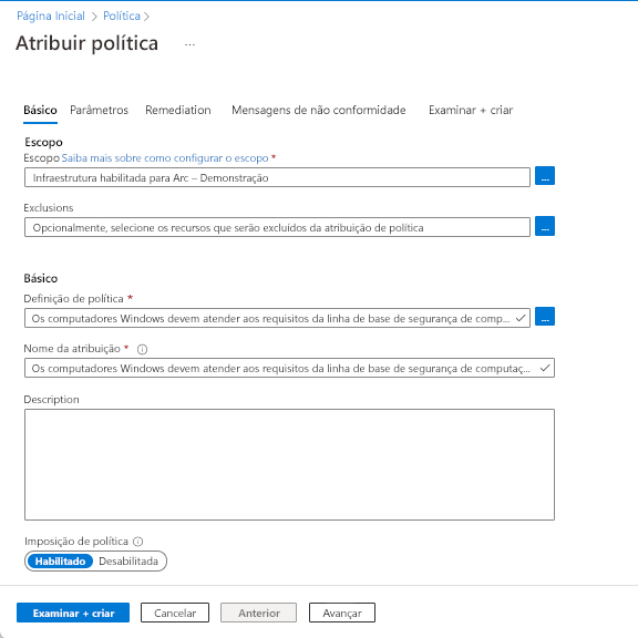 Captura de tela mostrando a página de seleção do Azure Policy.