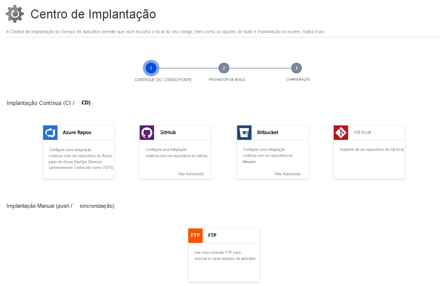 Captura de tela da configuração das opções de implantação e da escolha da origem do código-fonte da implantação.