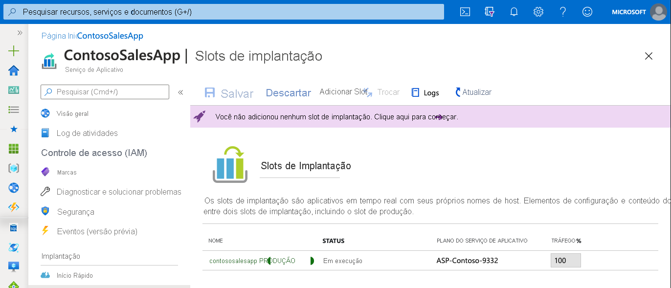 Captura de tela do slot de implantação de preparo para testar as implantações.