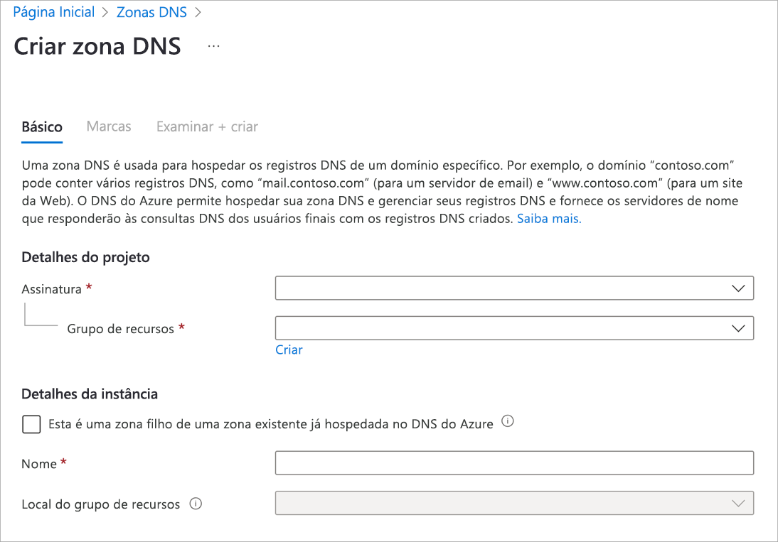 Captura de tela da página Criar zona DNS.