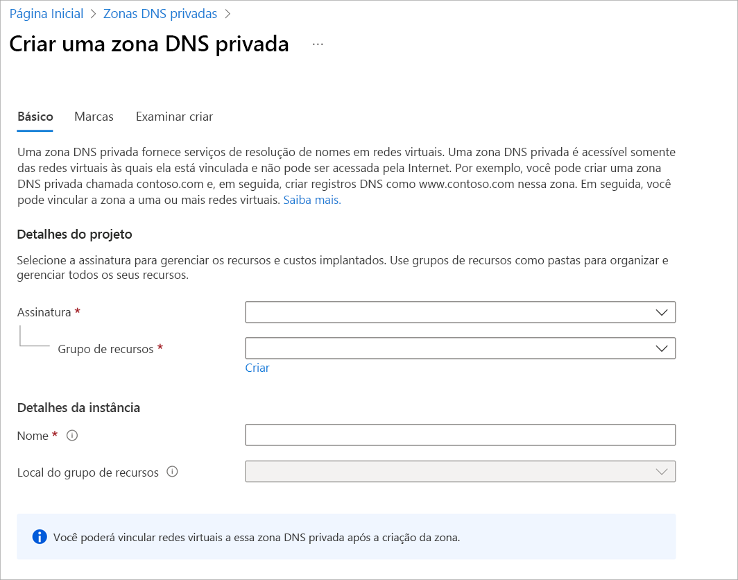 Captura de tela da página Criar zona DNS privada.