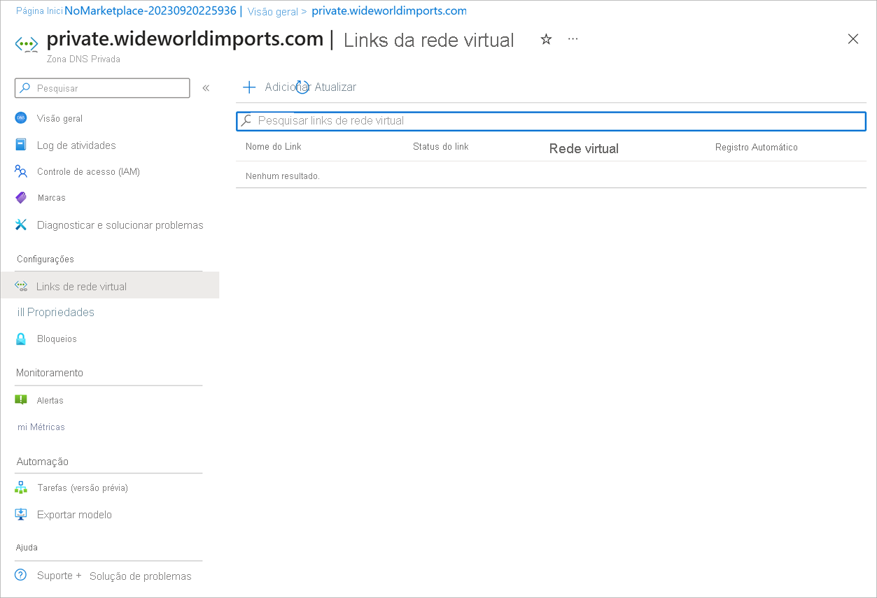 Captura de tela da página Links de Rede Virtual em uma zona DNS privada.