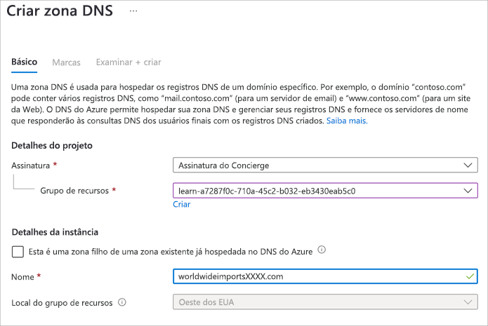 Captura de tela da página Criar zona DNS.