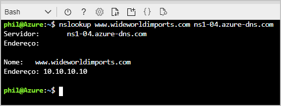 Captura de tela do Cloud Shell mostrando os resultados da nslookup.