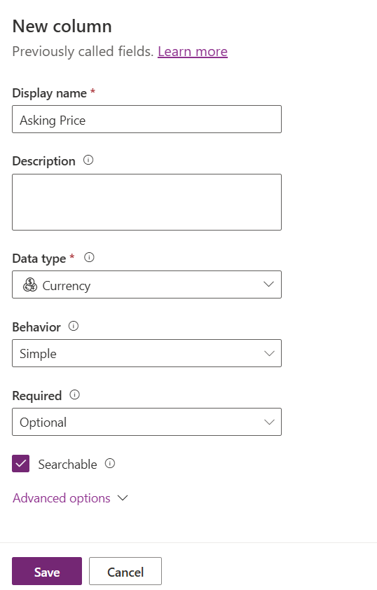 Captura de tela referente à tela Nova coluna configurada com base nas instruções da etapa 10.