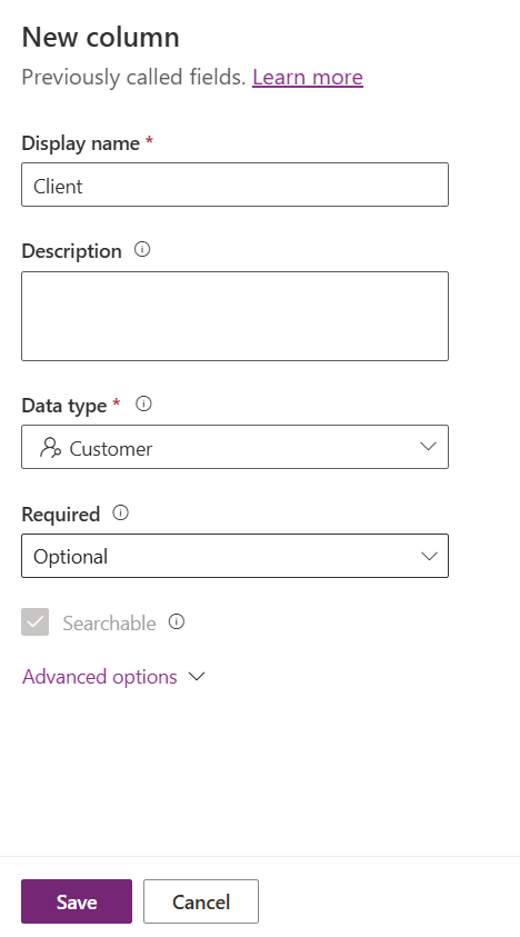 Captura de tela referente à tela Nova coluna configurada com base nas instruções da etapa 19.