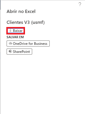 Captura de tela das opções Abrir no Excel realçando Baixar.