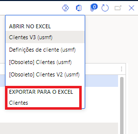 Captura de tela do menu Abrir no Microsoft Office realçando Exportar para Excel.