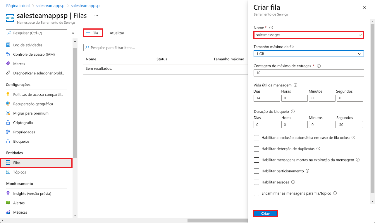 Captura de tela dos painéis Namespace do Barramento de Serviço e Criar fila com Fila e Criar realçados.