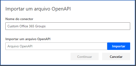 Captura de tela da caixa de diálogo Criar um conector personalizado com Importar um arquivo de A P I Aberta definido como apiDefinition.swagger.json.