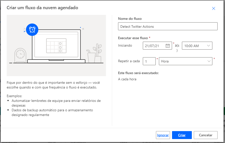 Captura de tela da criação de um fluxo agendado com o nome do fluxo definido como Detectar Ações do Twitter.