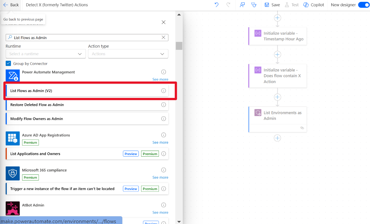 Captura de tela de Escolher uma etapa de ação com Flow management e Listar Fluxos como Administrador realçadas.