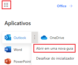 Captura de tela do inicializador de aplicativos com a opção Outlook selecionada e o botão Abrir em uma nova guia realçado.