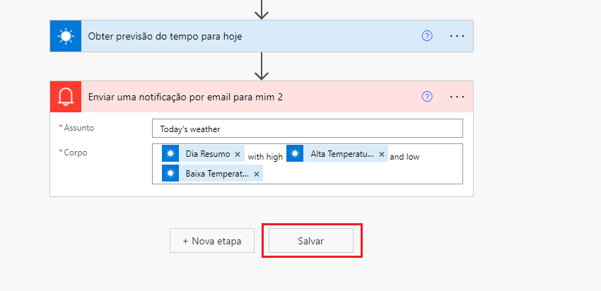 Captura de tela da etapa do fluxo Enviar-me uma notificação por email com o botão Salvar realçado.