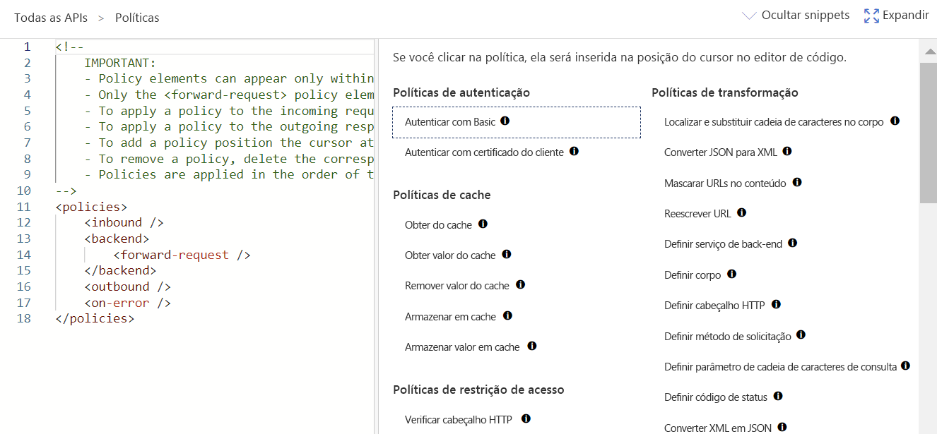 Captura de tela do editor do escopo “Todas as APIs” no portal.