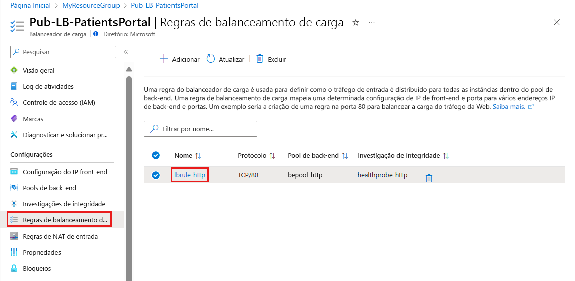 Captura de tela mostrando como selecionar uma regra de balanceamento de carga no portal do Azure.