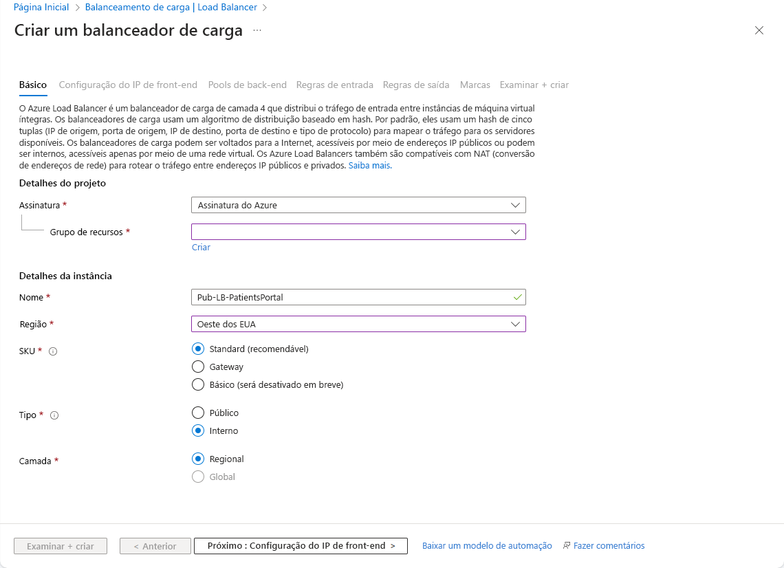 Captura de tela que mostra a guia Noções Básicas da ela Criar um Load Balancer no portal do Azure.