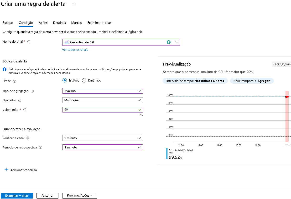 Captura de tela que mostra as configurações de lógica da condição de métrica.