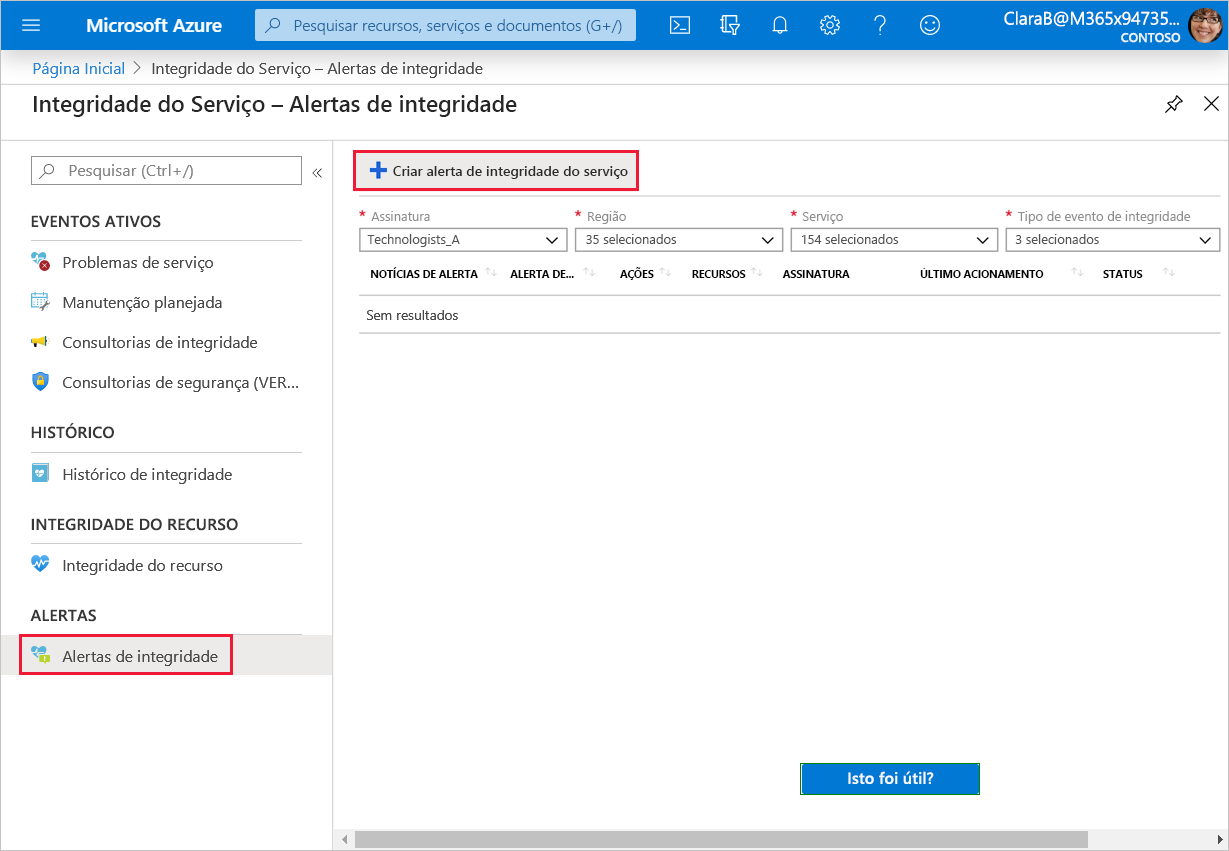 Captura de tela que mostra a criação de um alerta de integridade do serviço.