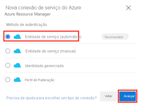 Screenshot of Azure DevOps that shows the New Azure service connection pane, with the Service principal (automatic) option highlighted.