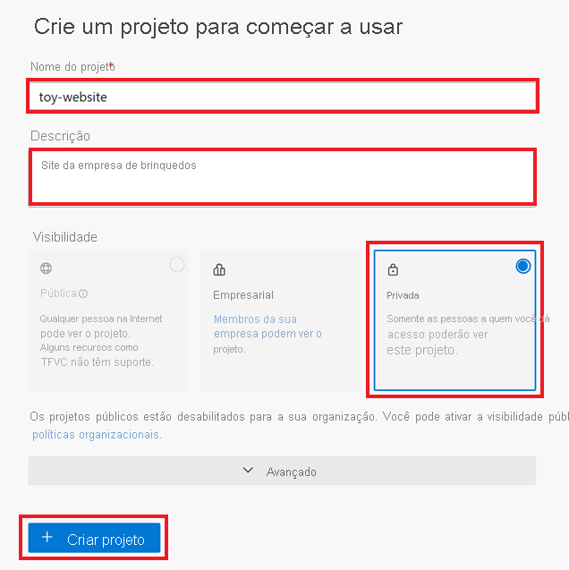 Captura de tela do painel Criar um projeto para começar do Azure DevOps que mostra o nome do projeto e as opções de visibilidade realçadas.