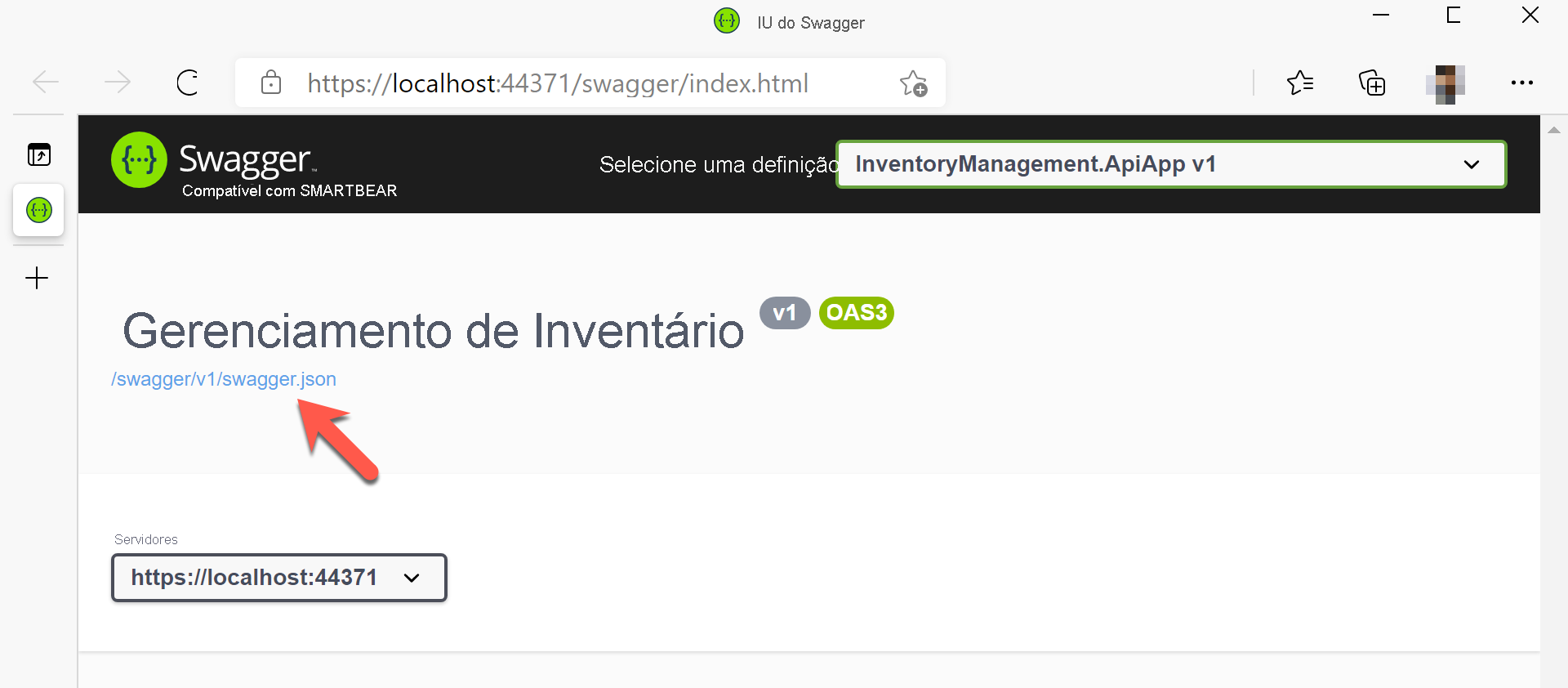 Página da interface do usuário do Swagger para OpenAPI.