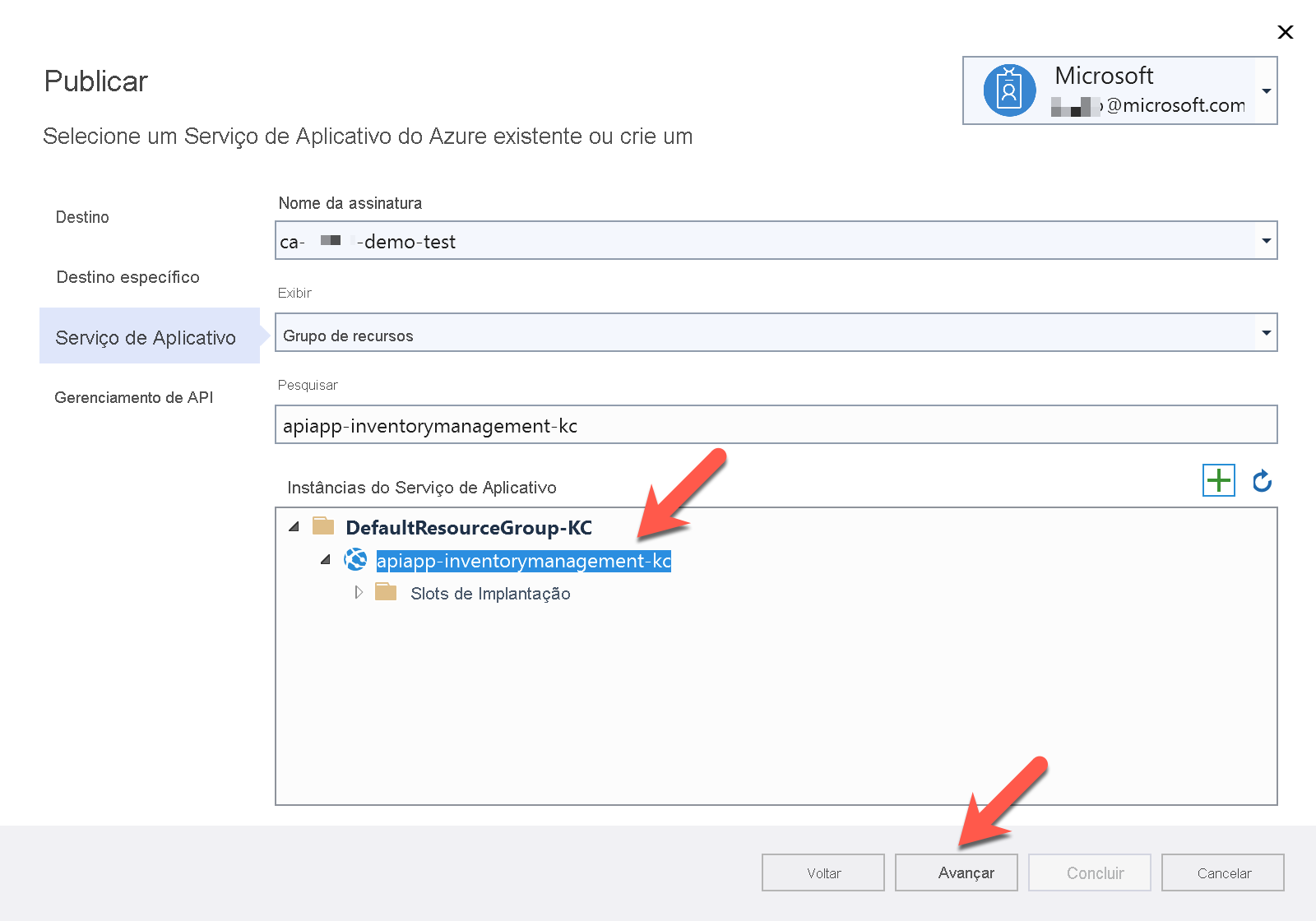 Captura de tela de Publicar no Serviço de Aplicativo do Azure com o Visual Studio.