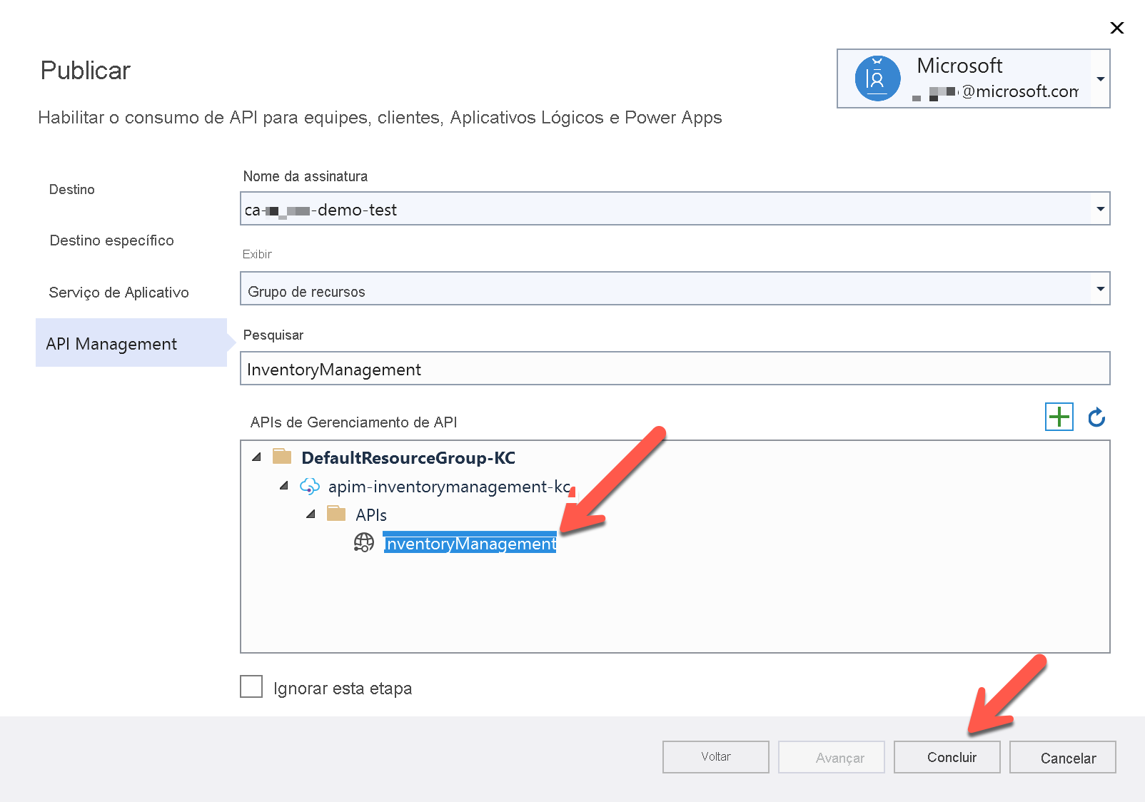 Captura de tela Integrar usando o Gerenciamento de API do Azure no Visual Studio.