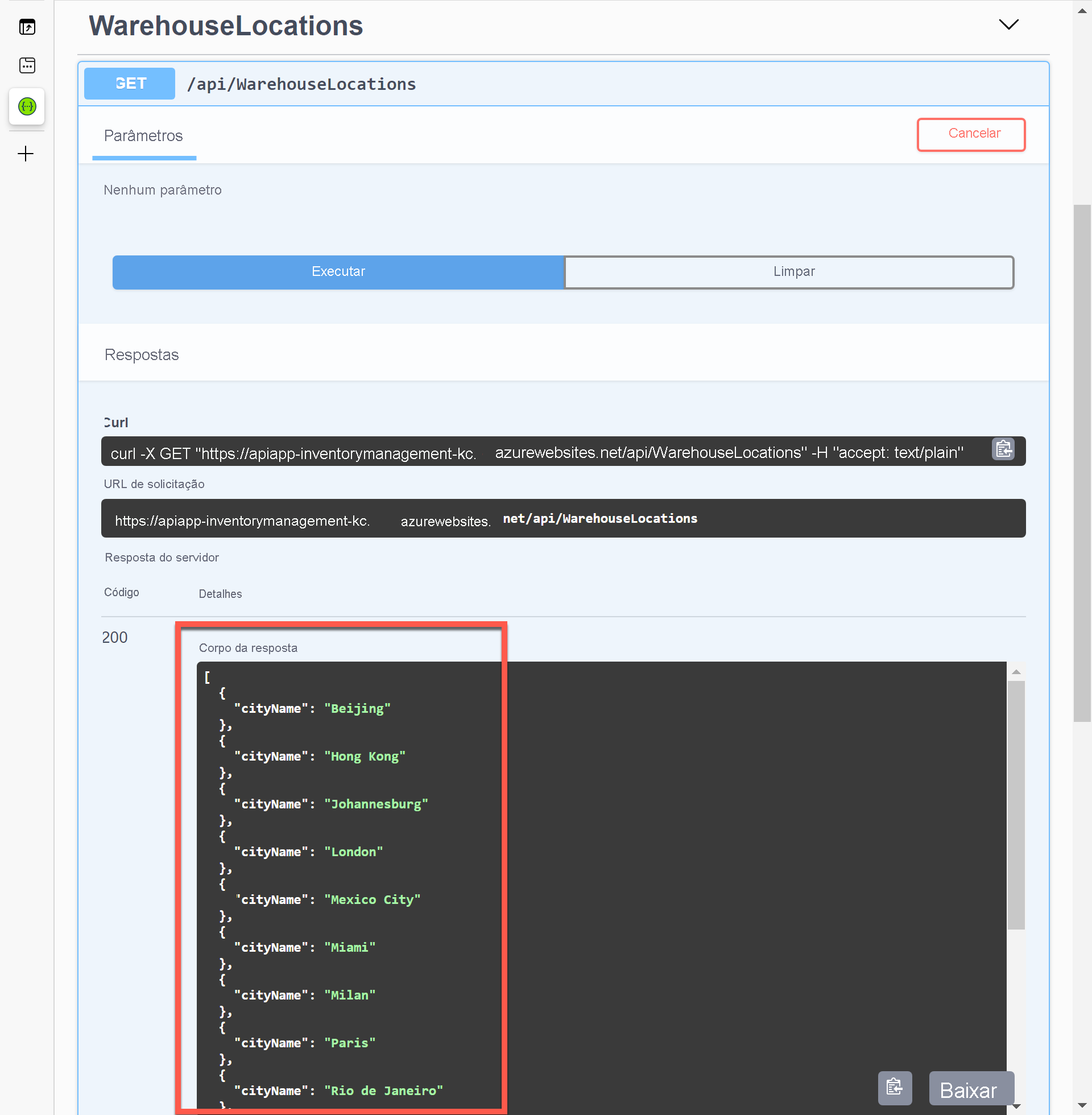 Página da interface do usuário do Swagger – Executado.