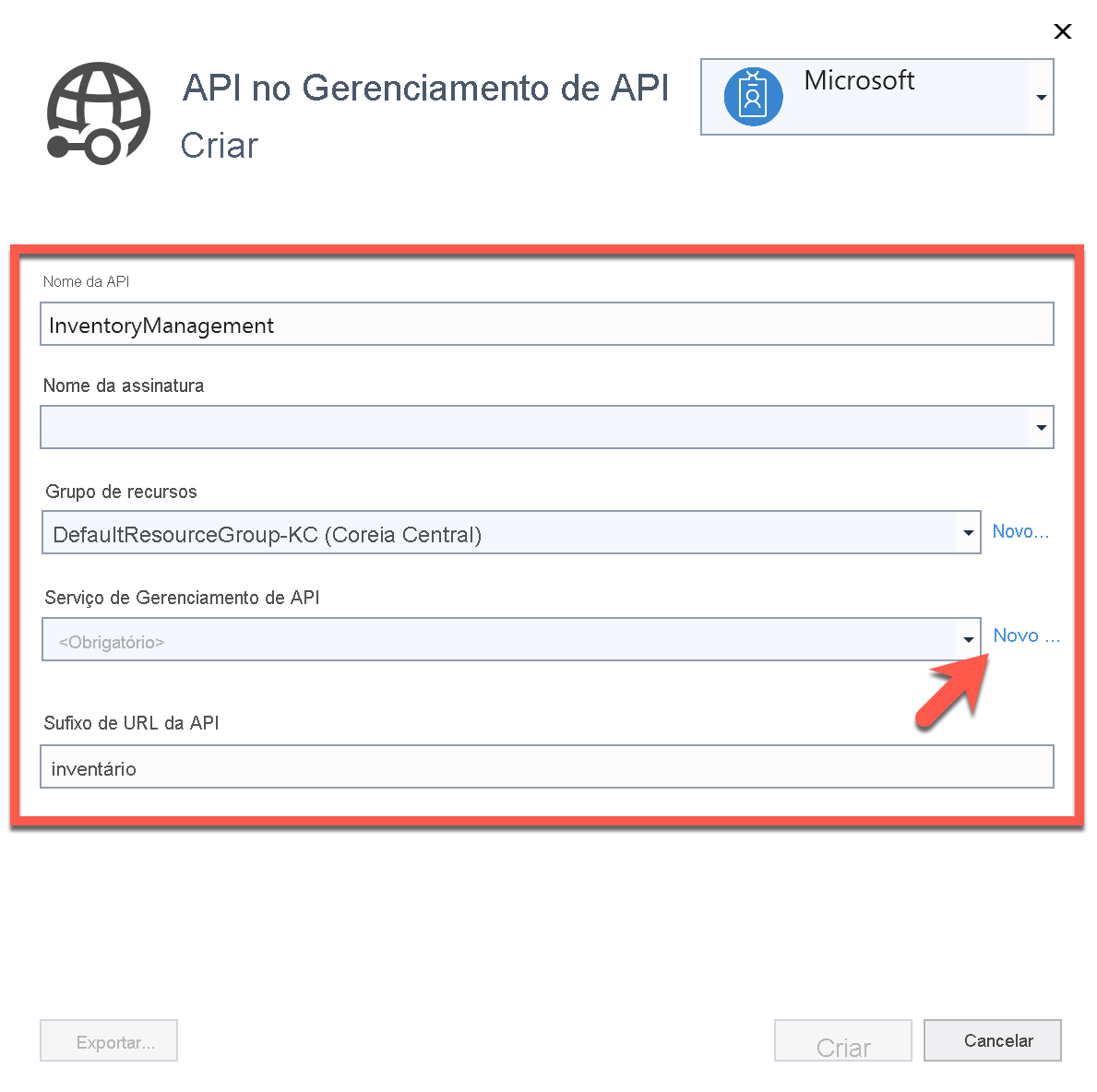 Criar API no Gerenciamento de API.