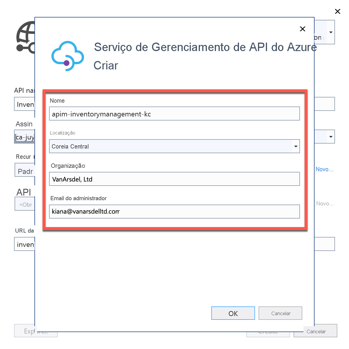 Criar no Gerenciamento de API.