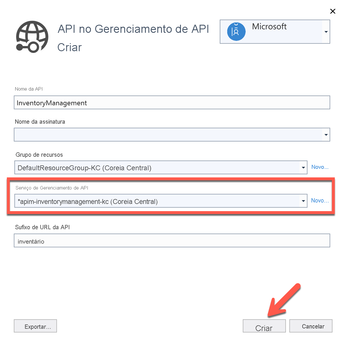 Criar API no Gerenciamento de API preenchido.