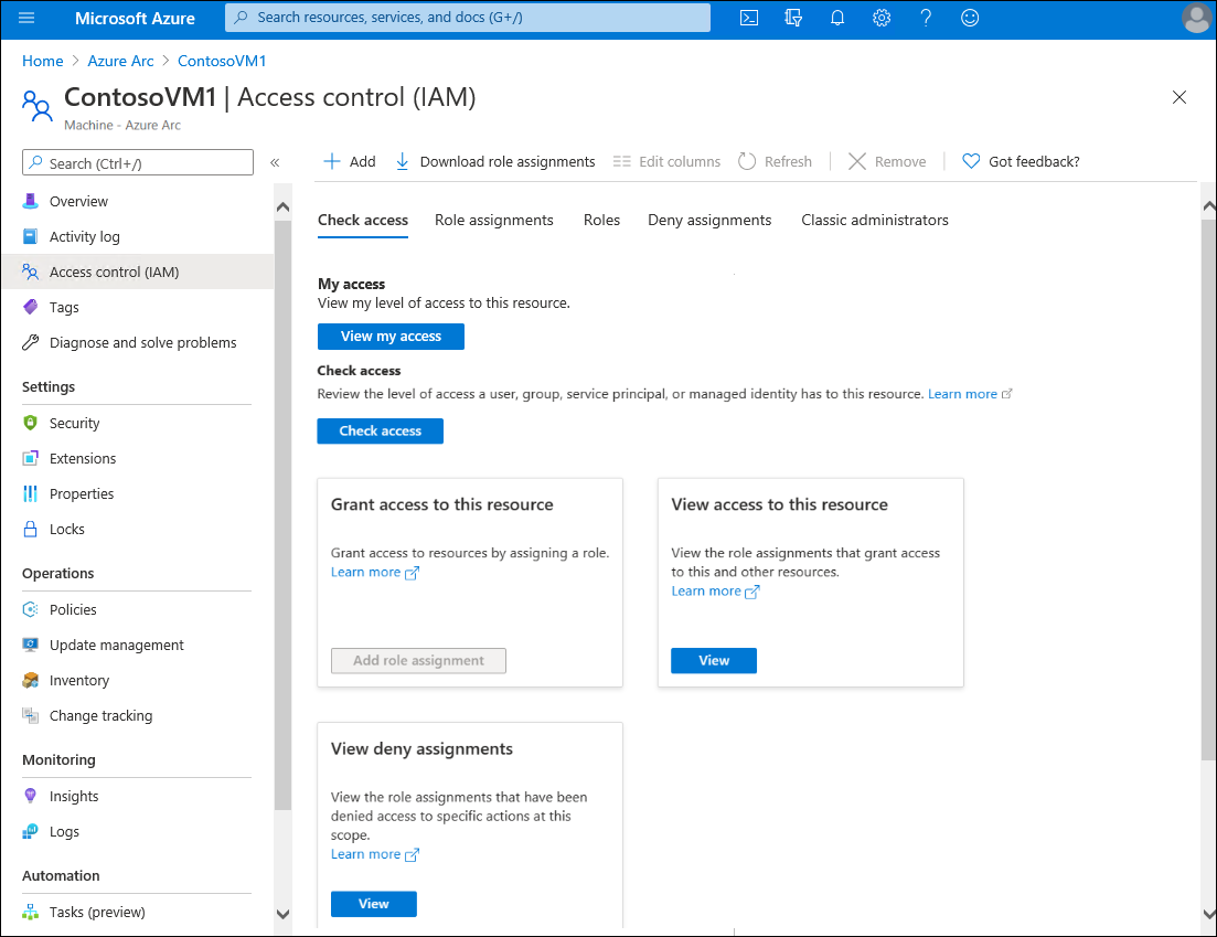 Captura de tela da página de controle de acesso (IAM) no portal do Azure para a VM selecionada: ContosoVM1. O painel de detalhes exibe várias guias: Verificar acesso (selecionado), Atribuições de função, Negar atribuições, Administradores clássicos e Funções.