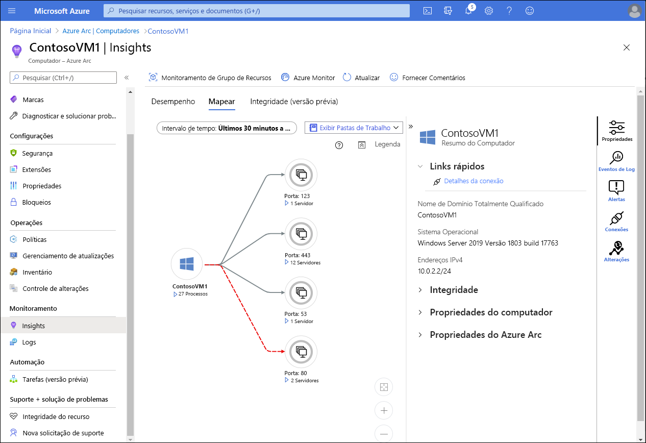 Captura de tela mostrando a guia Mapa na página de Insights de uma VM no Azure. ContosoVM1 é exibido, com detalhes das portas TCP abertas. Também é exibido um resumo da VM, detalhando o sistema operacional e o endereço IP da VM, bem como links para a Integridade, as propriedades do computador e as propriedades da VM do Azure. São exibidos três botões para acessar as Propriedades (selecionado), os Eventos de Log, os Alertas e as Conexões.