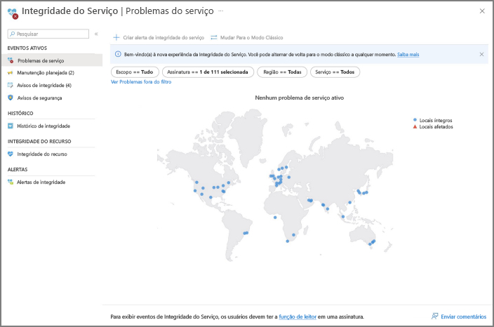 Captura de tela de troca do Integridade do Serviço do Azure para a Visualização Clássica.