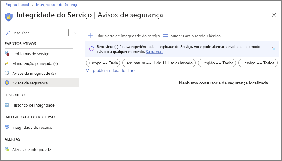 Captura de tela dos avisos de segurança da Integridade do Serviço do Azure.