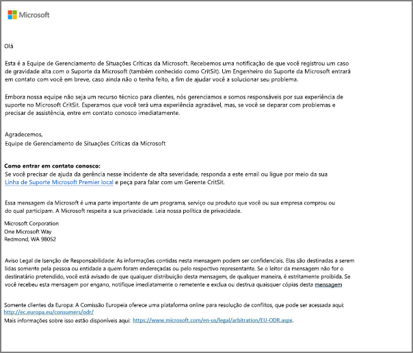 Screenshot of an initial communications email for a Severity A case.