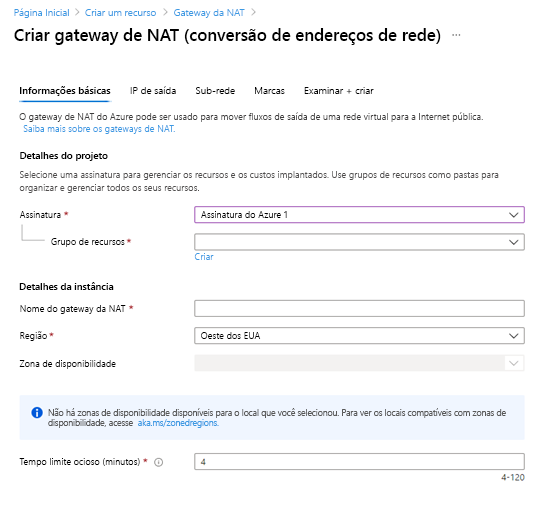 Captura de tela da janela Criar gateway da NAT (conversão de endereço de rede).