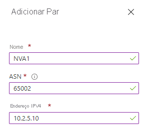 Captura de tela da seção Adicionar Par com as caixas Nome, ASN e Endereço IPv4 preenchidas.