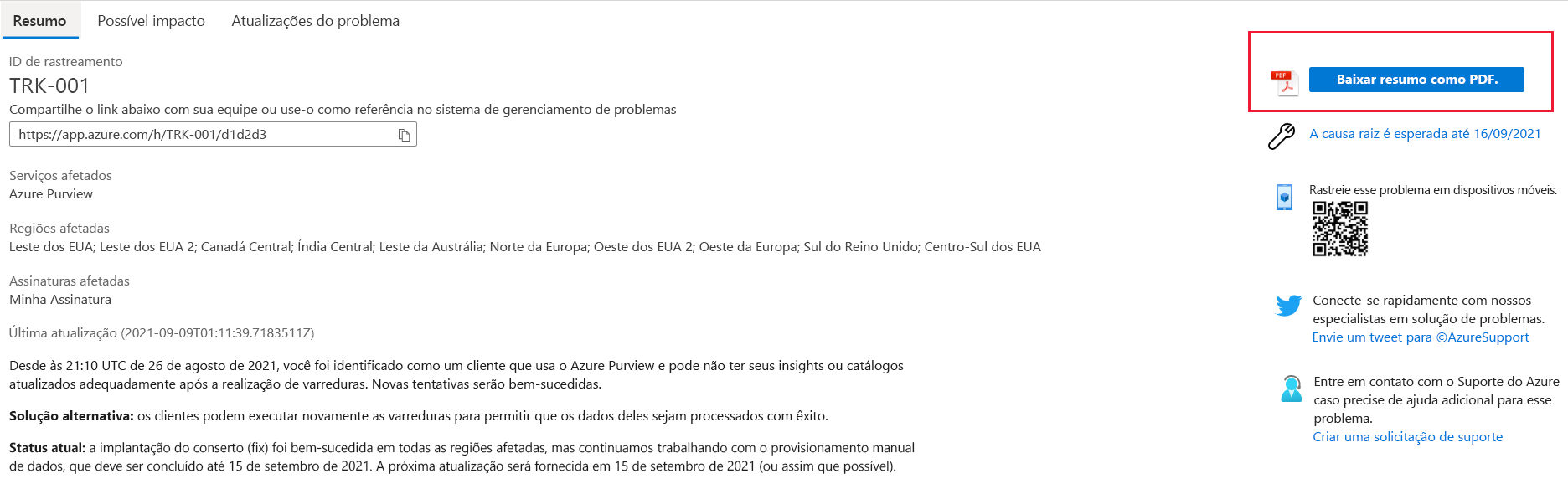 Screenshot with a summary of a Log Analytics issue showing details such as Tracking ID, Impacted regions, Impacted subscription, Last updates, Preliminary Root Cause, and a link to Download the summary as PDF.