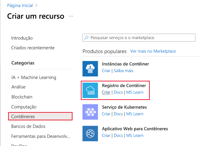 Captura de tela que mostra Criar um recurso com o Registro de Contêiner.