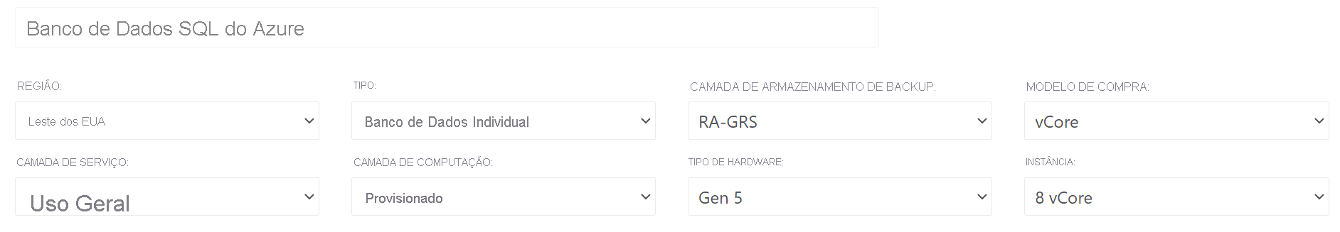 Screenshot of SQL instance options in pricing calculator depicting the region for hosting, the type (single or elastic pool), and the service tier among the options available.