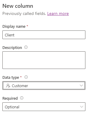 Captura de ecrã do ecrã Nova coluna configurado com base nas instruções no passo 19.