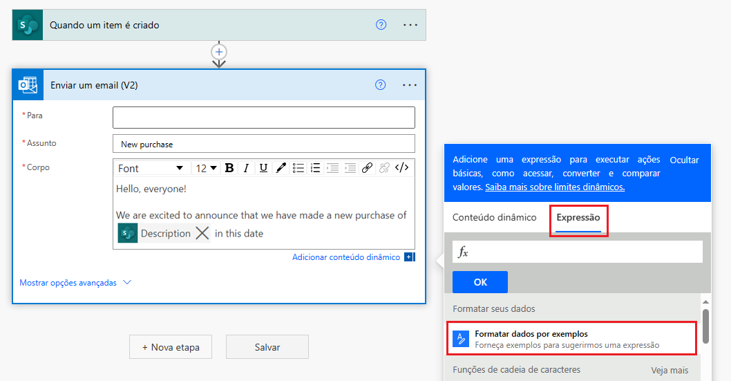 Captura de tela do Power Automate sugerindo expressões para a saída desejada.