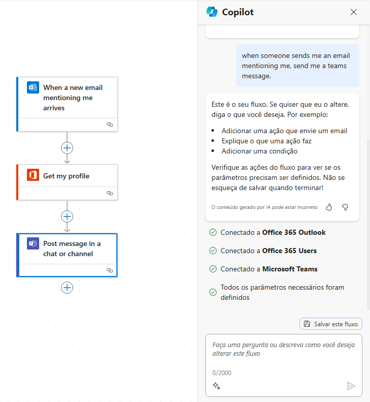Captura de tela de um chat do Copilot para ajudar a criar um fluxo.