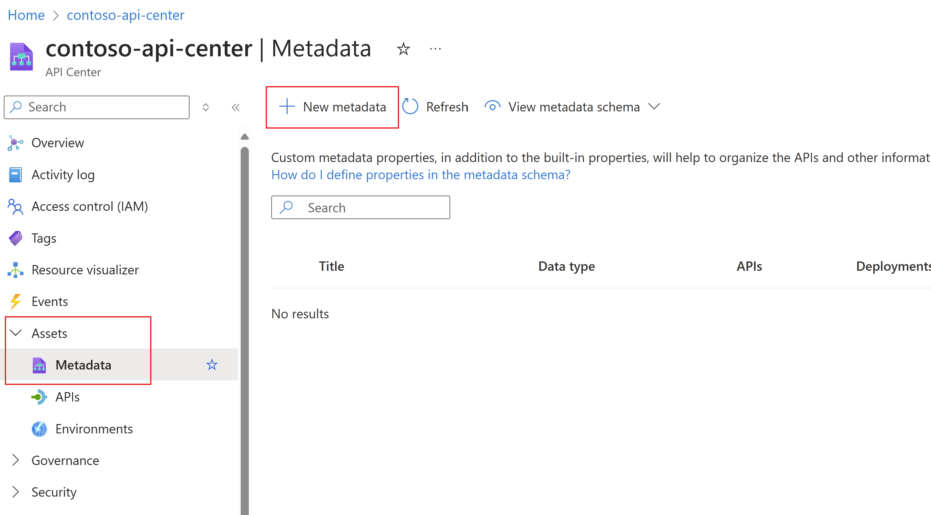 Captura de tela mostrando as etapas para adicionar novos metadados no portal do Azure