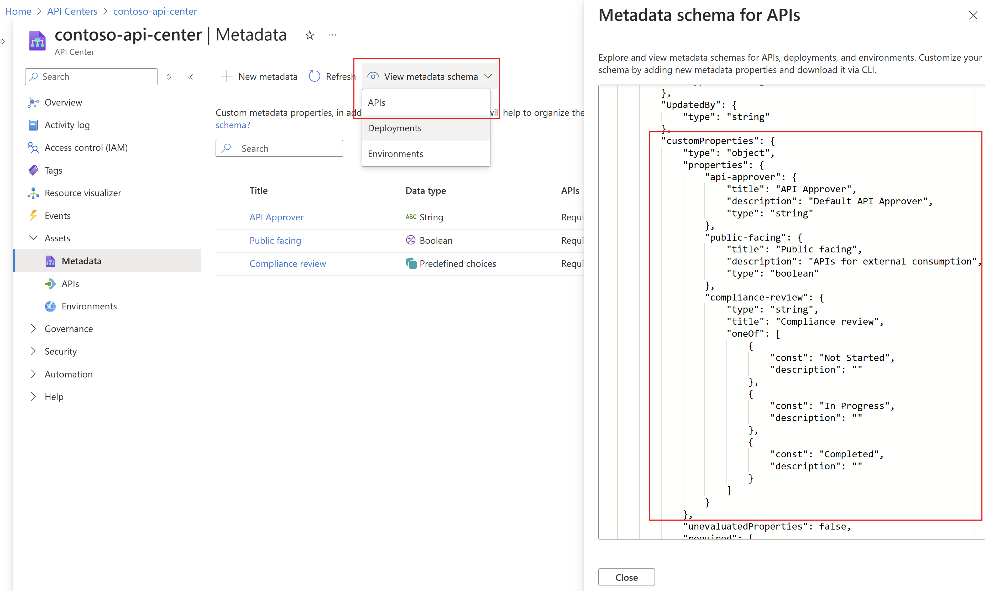 Captura de tela mostrando as etapas para exibir o esquema de metadados no portal do Azure