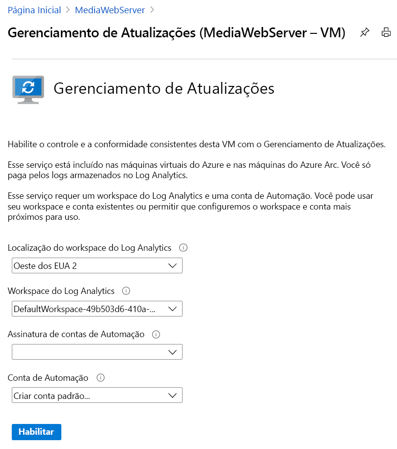 Captura de tela da página de gerenciamento de atualizações com os campos local e workspace, assinatura da conta de automação e conta de automação da análise de logs.