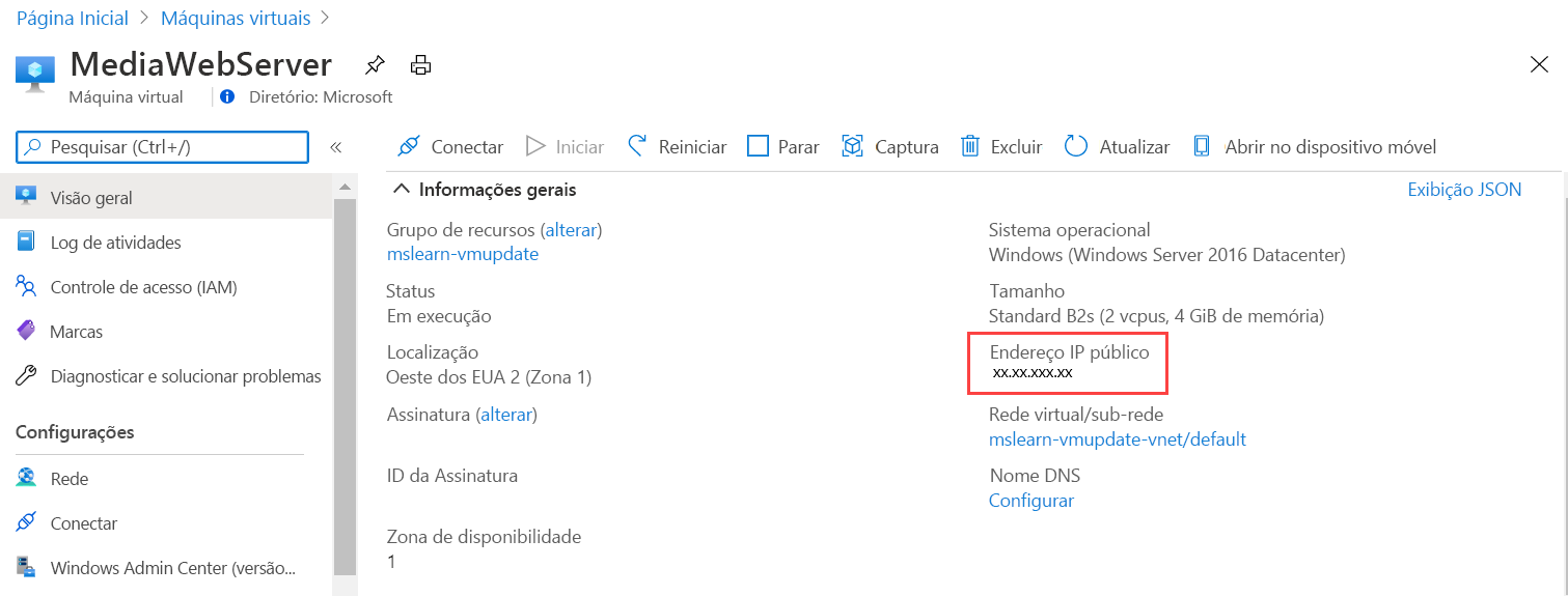 Captura de tela que realça o endereço IP público na página de visão geral das VMs.