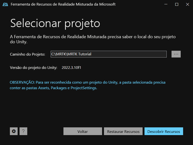 Captura de tela da tela do Caminho do projeto da ferramenta de recursos da Realidade Misturada.